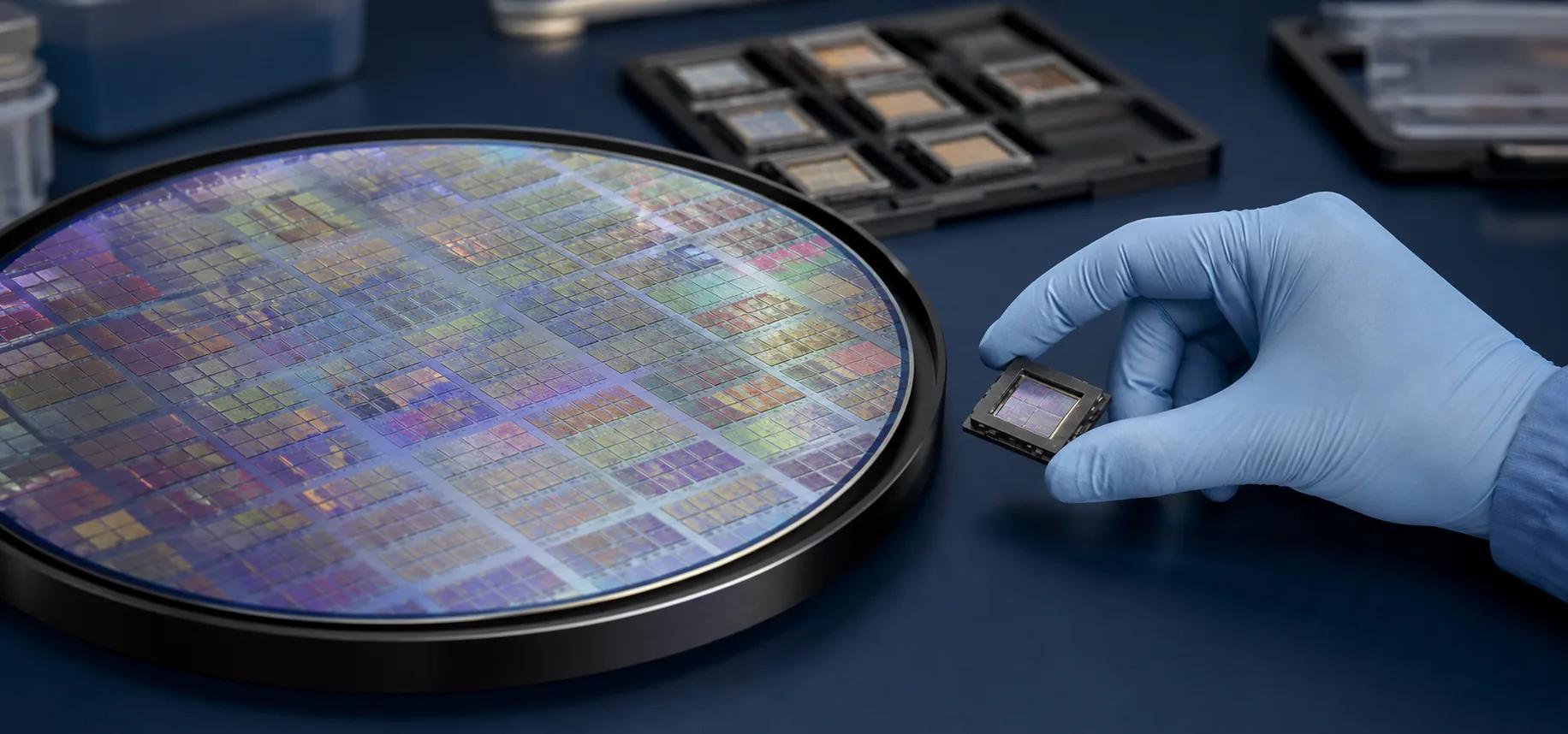 Oblea de silicio compartida y un ingeniero con algunas muestras de chips