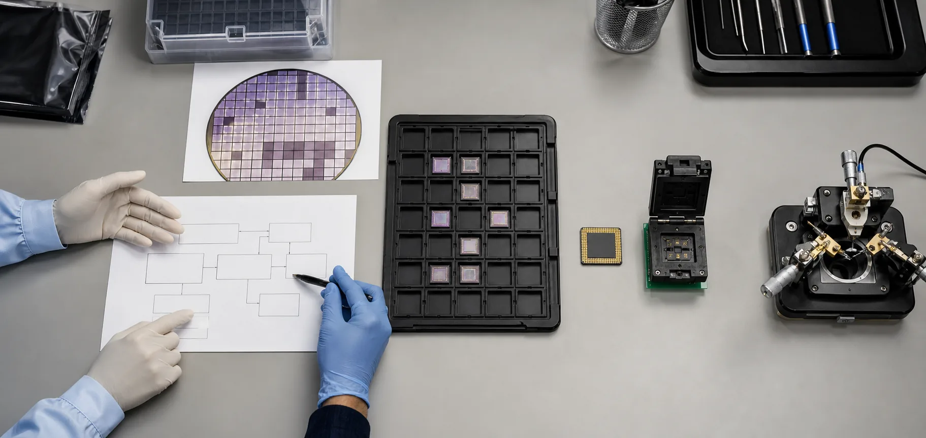 Engineers coordinating around a wafer map, bare dies, package and test fixtures
