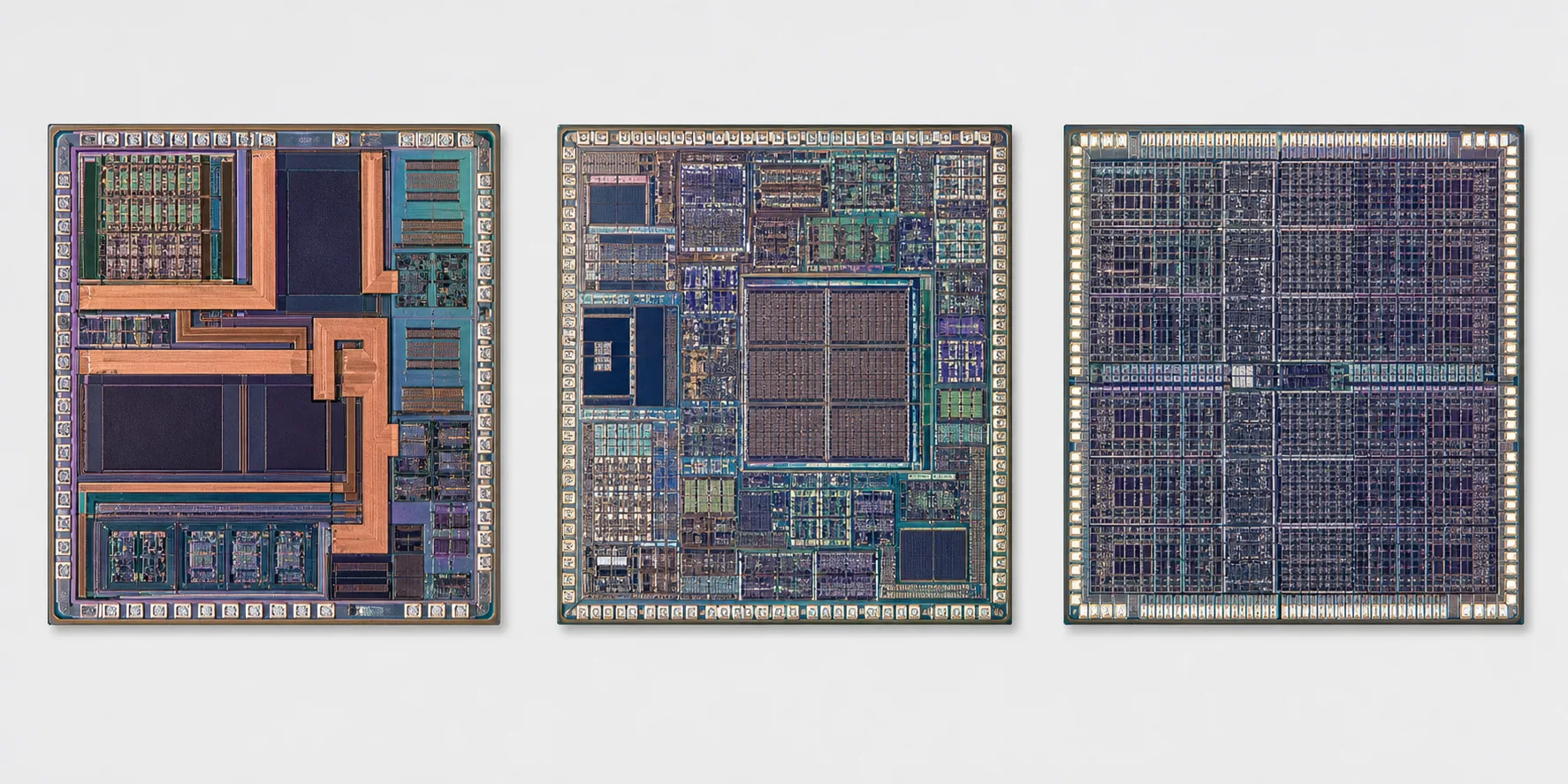 Three integrated-circuit die layouts illustrating power analog, mixed-signal memory and logic design profiles