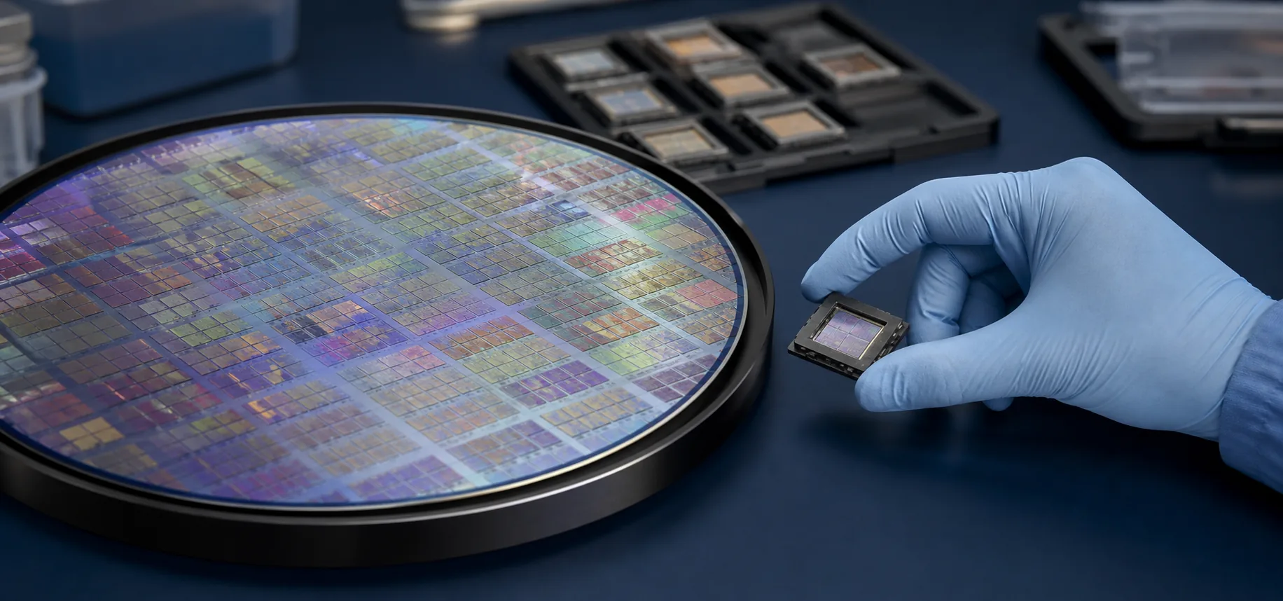 Shared silicon wafer and an engineer handling a small chip sample