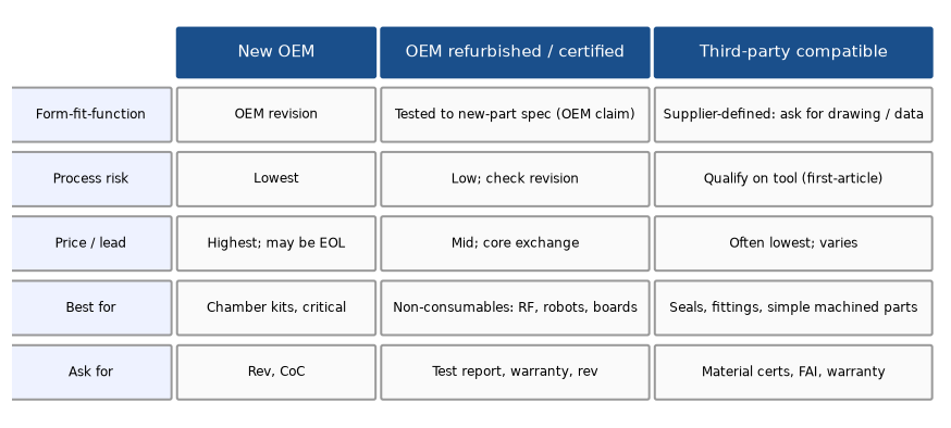 Comparison matrix of new OEM, OEM refurbished and third-party compatible semiconductor tool parts by risk, price and documents