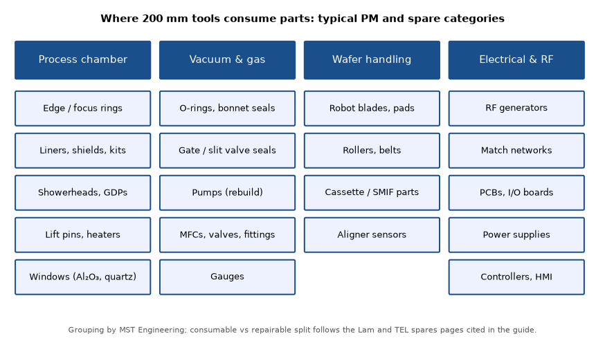 Map of 200 mm tool spare part families grouped into process chamber, vacuum and gas, wafer handling, and electrical and RF