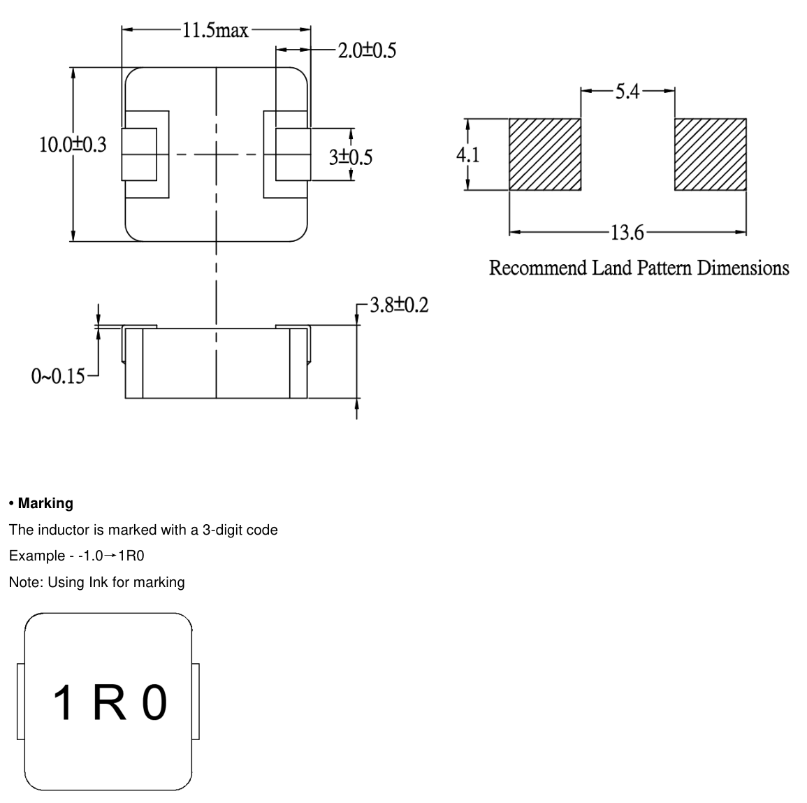 MAZO VCMA-1040 molded power inductor outline drawing with the body dimensions as published in the datasheet