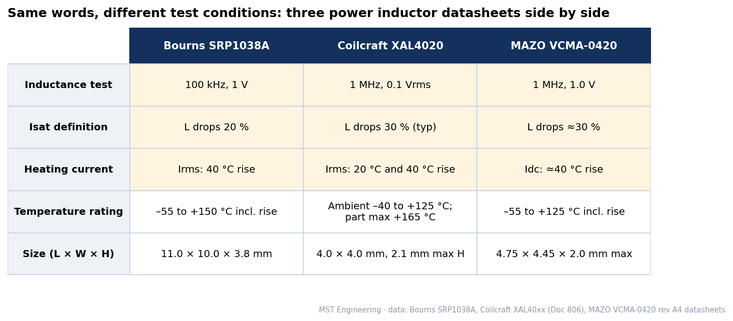Tabla comparativa de las definiciones en las hojas de datos de Bourns SRP1038A, Coilcraft XAL4020 y MAZO VCMA-0420: frecuencia de prueba, porcentaje de caída de Isat, aumento de temperatura, rango de temperatura y tamaño