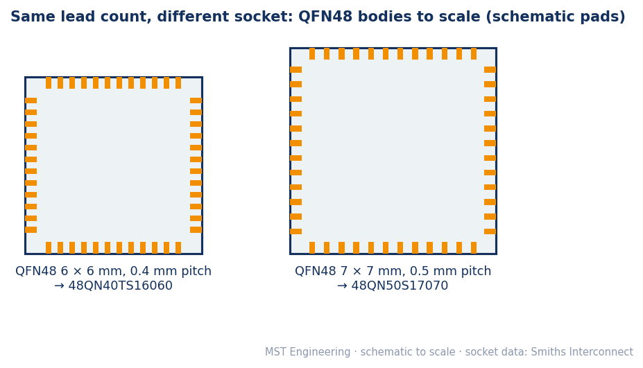 Two QFN48 packages drawn to scale: 6 × 6 mm at 0.4 mm pitch needs 48QN40TS16060, while 7 × 7 mm at 0.5 mm pitch needs 48QN50S17070